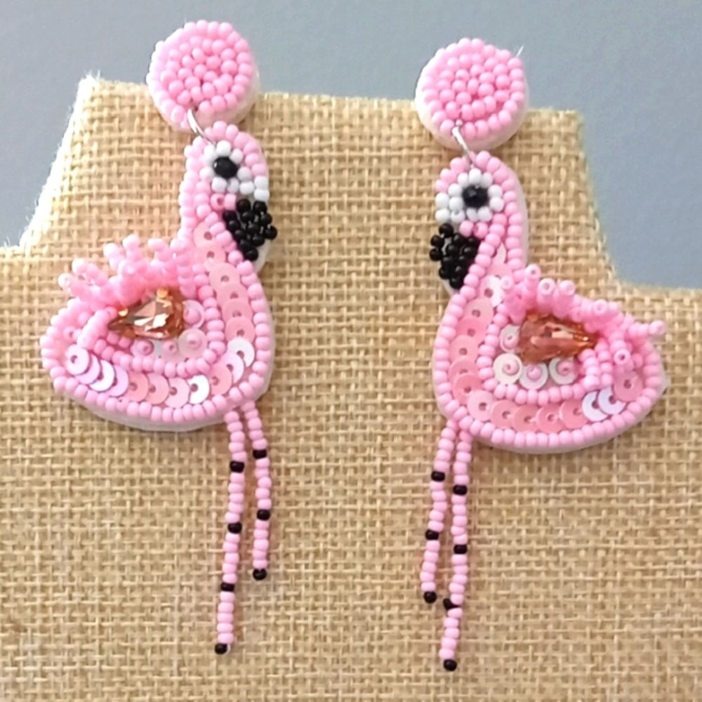 New Beaded Post Pink Flamingo Earrings